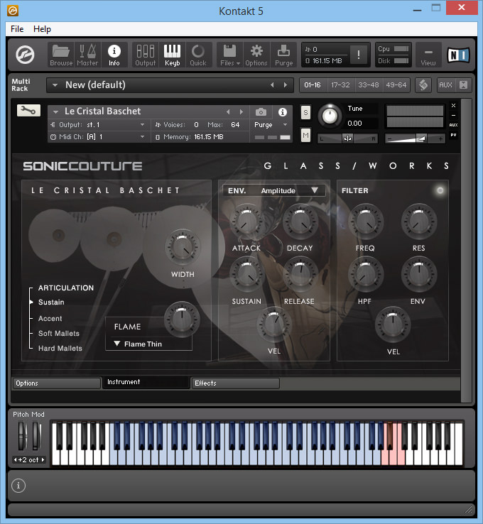 L’interface de l’instrument virtuel SonicCouture Glass Works v.2 : Le Cristal Baschet