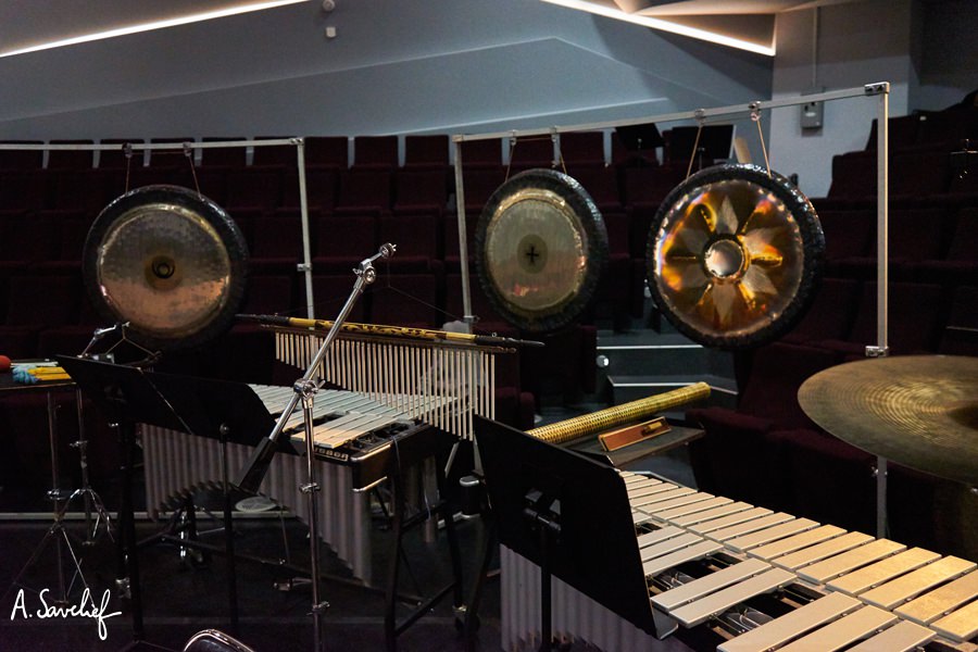 Gongs Paiste Planètes Pluton, Nibiru et Tone of Life/Sona Feu à la percussion sur le plateau de “Leading Astray”, Concerto pour Cristal Baschet & Orchestre de Alexis Savelief