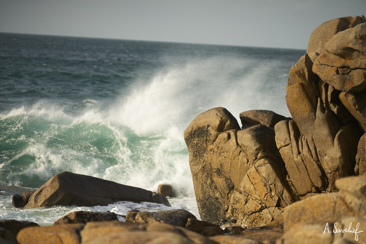 Côte de Bretagne, crête des vagues se brisant sur les rochers, embruns en suspension dans l’air marin…