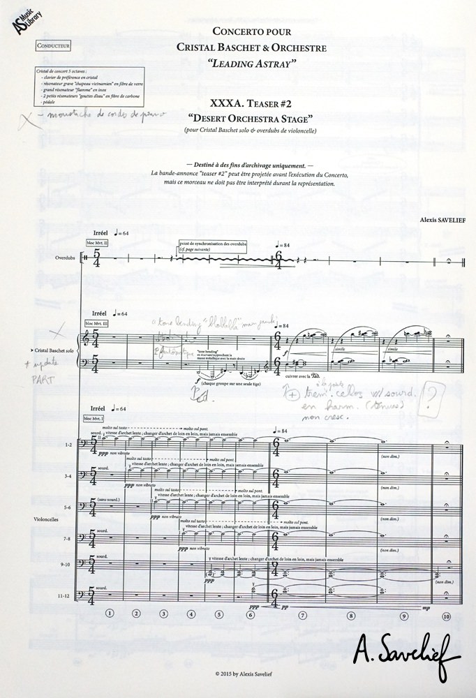 Partition copiée avec annotations du “Teaser #2 — Desert Orchestra Stage” de “Leading Astray”, Concerto pour Cristal Baschet & Orchestre de Alexis Savelief