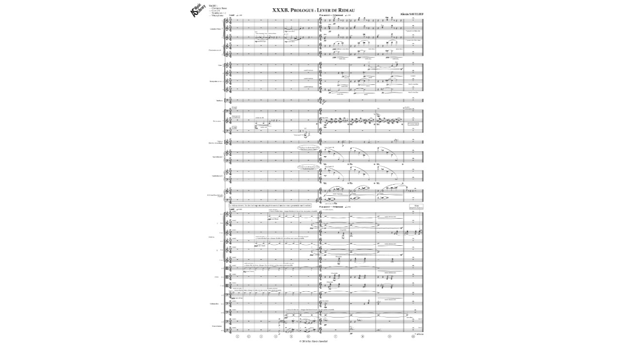 Partition (Conducteur) du Prologue : “Lever de Rideau” de “Leading Astray”, Concerto pour Cristal Baschet & Orchestre de Alexis Savelief